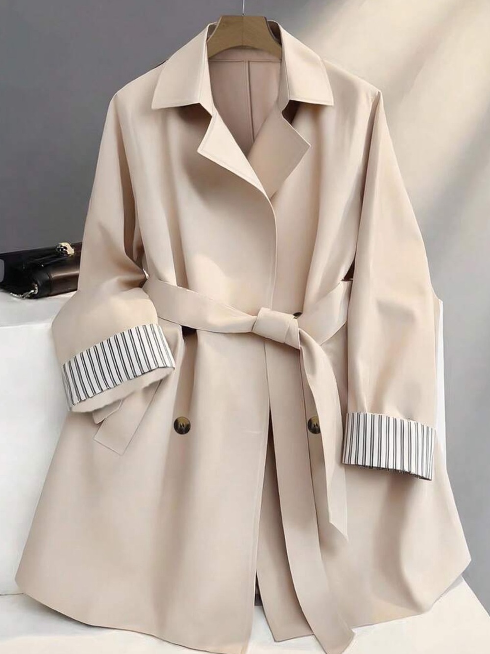 Women's Elegant Office Trench Coat,Light Beige Autumn Mid-Length Windbr
